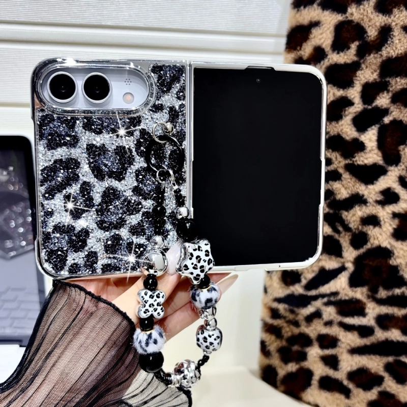 ChicCase Lab glitter leopard electroplated phone case for iPhone Duo, shiny sequin leopard pattern protective cover with beaded wrist strap, hinge full protection shockproof foldable phone case, 3 color options, case with or without strap
