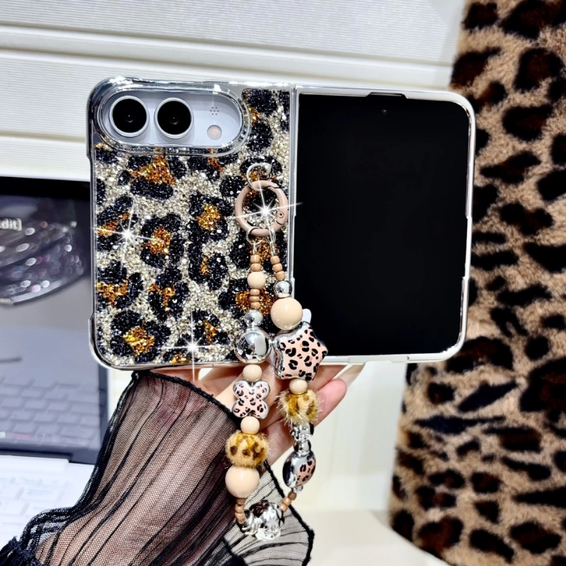 ChicCase Lab glitter leopard electroplated phone case for iPhone Duo, shiny sequin leopard pattern protective cover with beaded wrist strap, hinge full protection shockproof foldable phone case, 3 color options, case with or without strap