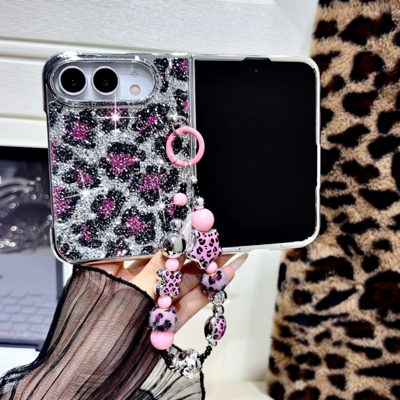 ChicCase Lab glitter leopard electroplated phone case for iPhone Duo, shiny sequin leopard pattern protective cover with beaded wrist strap, hinge full protection shockproof foldable phone case, 3 color options, case with or without strap