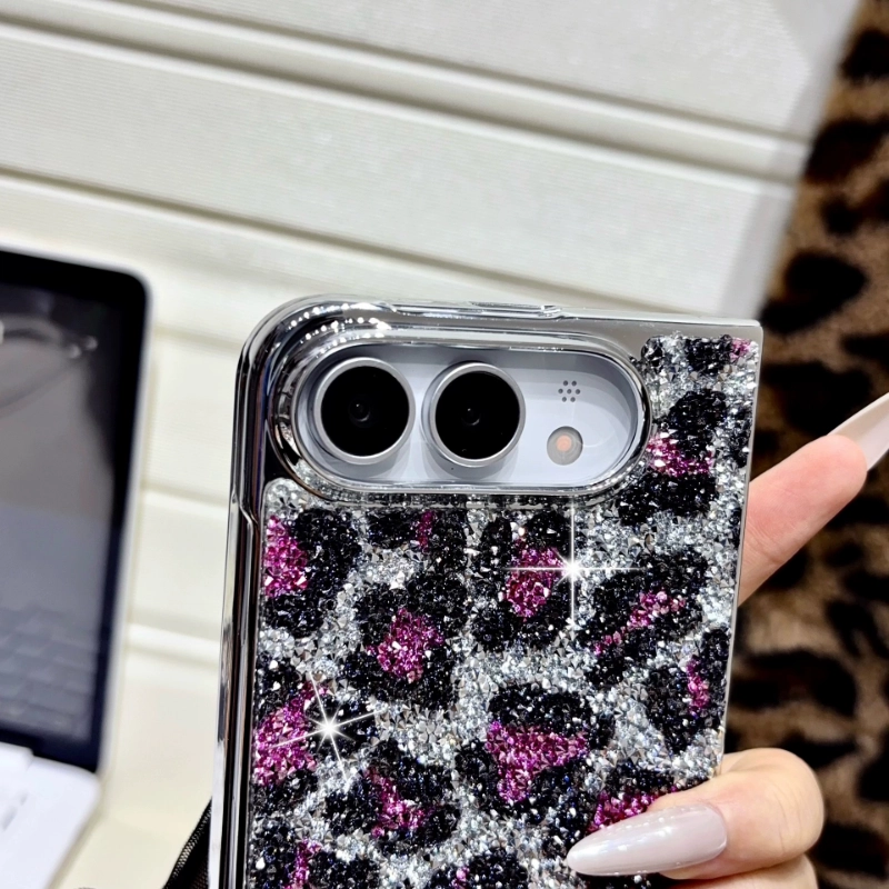 ChicCase Lab glitter leopard electroplated phone case for iPhone Duo, shiny sequin leopard pattern protective cover with beaded wrist strap, hinge full protection shockproof foldable phone case, 3 color options, case with or without strap