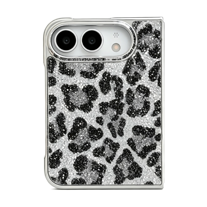 ChicCase Lab glitter leopard electroplated phone case for iPhone Duo, shiny sequin leopard pattern protective cover with beaded wrist strap, hinge full protection shockproof foldable phone case, 3 color options, case with or without strap