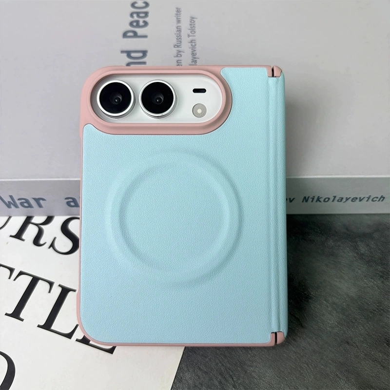 ChicCase Lab iPhone Duo Color Block Magnetic Phone Case, Premium Leather Texture Full Hinge Protection Shockproof Foldable iPhone Case, Macaron Contrast Camera Frame Anti-slip Fingerprint Resistant MagSafe Cover