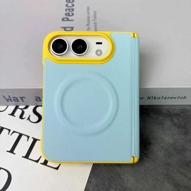 ChicCase Lab iPhone Duo Color Block Magnetic Phone Case, Premium Leather Texture Full Hinge Protection Shockproof Foldable iPhone Case, Macaron Contrast Camera Frame Anti-slip Fingerprint Resistant MagSafe Cover