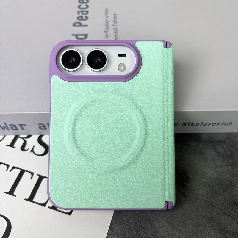ChicCase Lab iPhone Duo Color Block Magnetic Phone Case, Premium Leather Texture Full Hinge Protection Shockproof Foldable iPhone Case, Macaron Contrast Camera Frame Anti-slip Fingerprint Resistant MagSafe Cover