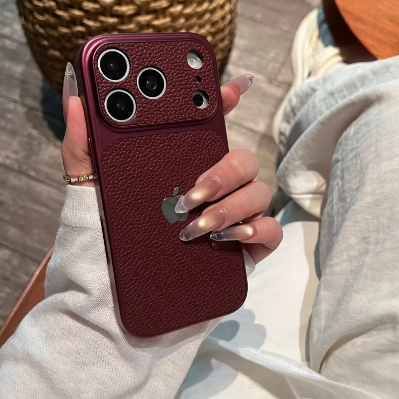ChicCase Lab lychee faux leather texture large camera window phone case for iPhone, luxury shockproof protective cover, multiple color options, stylish minimalist iPhone case