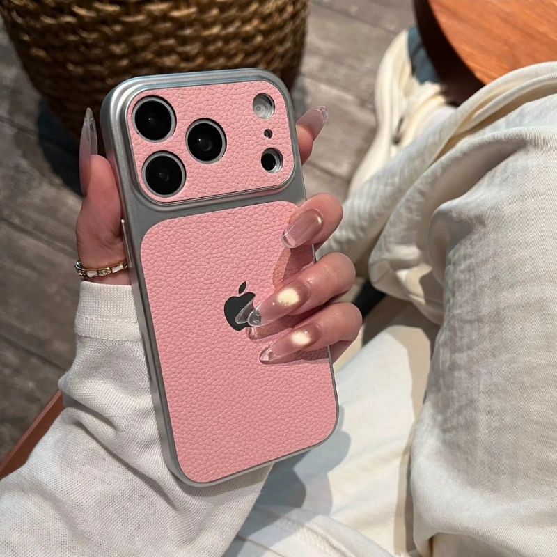 ChicCase Lab lychee faux leather texture large camera window phone case for iPhone, luxury shockproof protective cover, multiple color options, stylish minimalist iPhone case