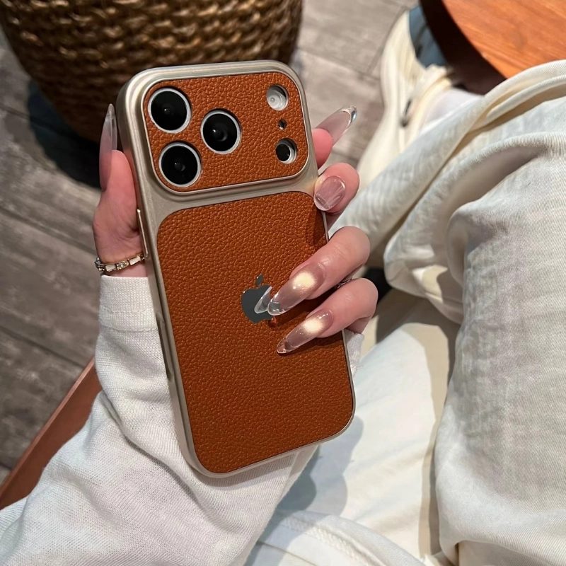 ChicCase Lab lychee faux leather texture large camera window phone case for iPhone, luxury shockproof protective cover, multiple color options, stylish minimalist iPhone case
