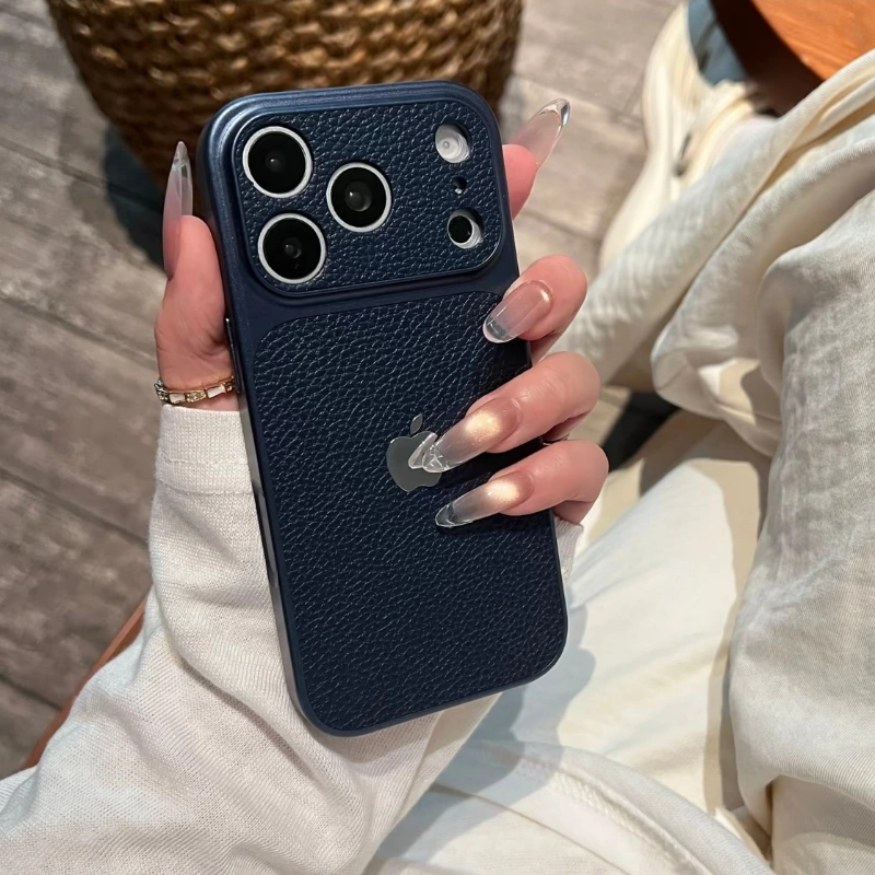 ChicCase Lab lychee faux leather texture large camera window phone case for iPhone, luxury shockproof protective cover, multiple color options, stylish minimalist iPhone case