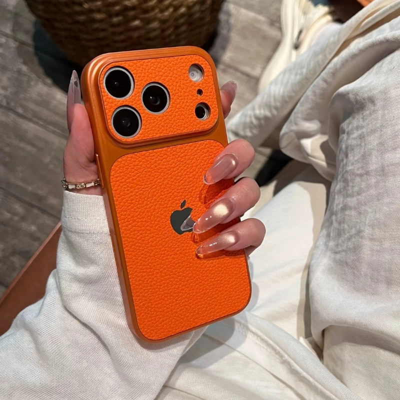 ChicCase Lab lychee faux leather texture large camera window phone case for iPhone, luxury shockproof protective cover, multiple color options, stylish minimalist iPhone case