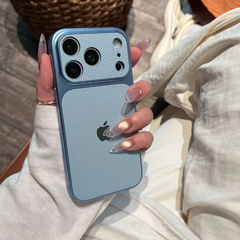 ChicCase Lab lychee faux leather texture large camera window phone case for iPhone, luxury shockproof protective cover, multiple color options, stylish minimalist iPhone case