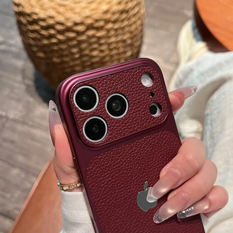 ChicCase Lab lychee faux leather texture large camera window phone case for iPhone, luxury shockproof protective cover, multiple color options, stylish minimalist iPhone case