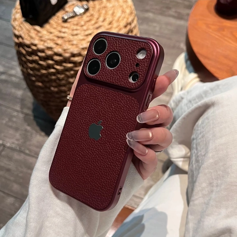 ChicCase Lab lychee faux leather texture large camera window phone case for iPhone, luxury shockproof protective cover, multiple color options, stylish minimalist iPhone case