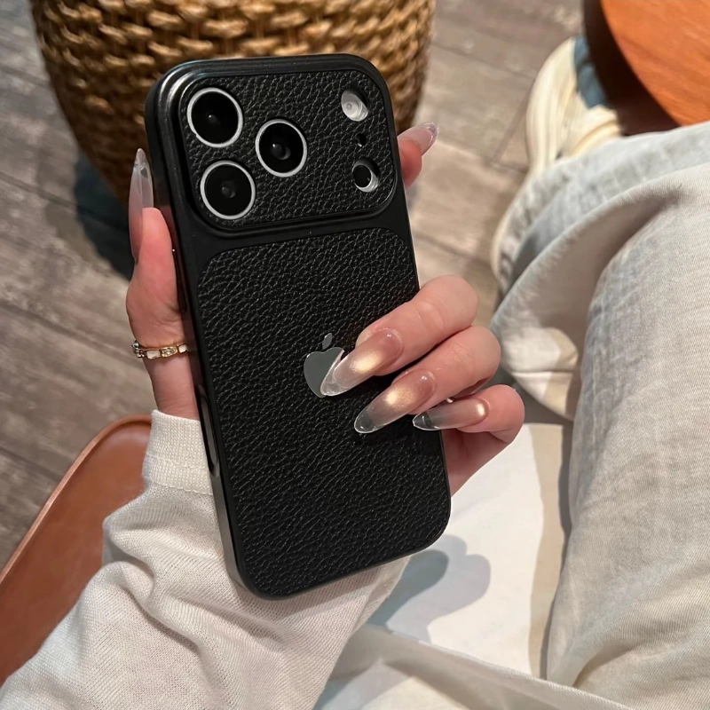 ChicCase Lab lychee faux leather texture large camera window phone case for iPhone, luxury shockproof protective cover, multiple color options, stylish minimalist iPhone case