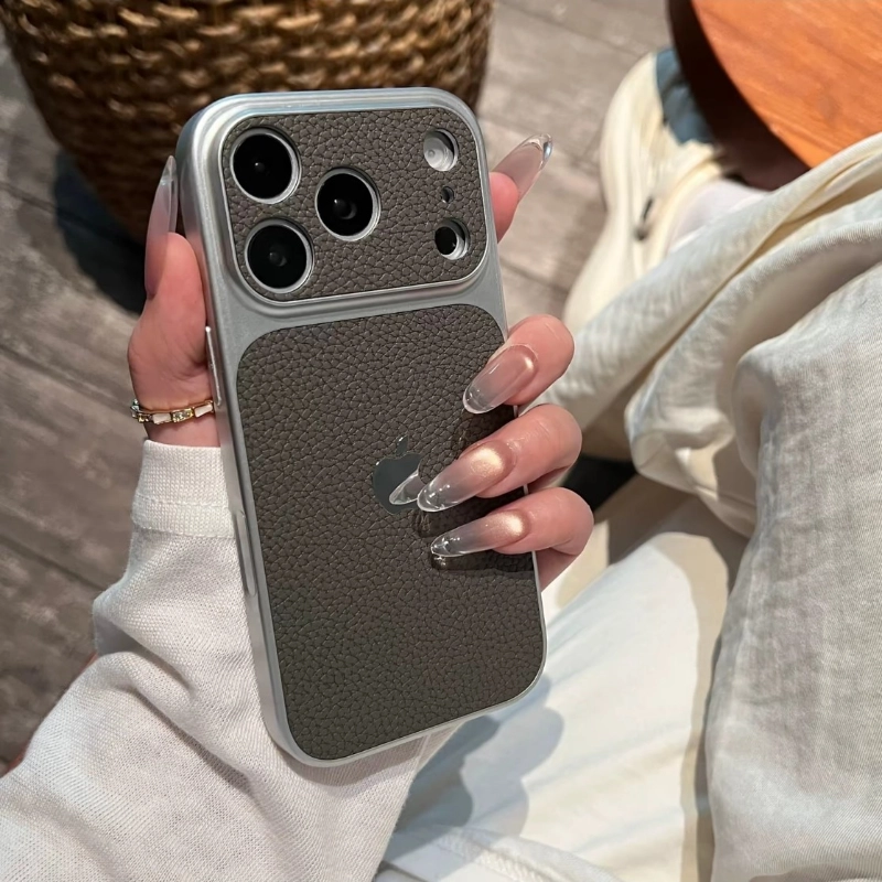 ChicCase Lab lychee faux leather texture large camera window phone case for iPhone, luxury shockproof protective cover, multiple color options, stylish minimalist iPhone case