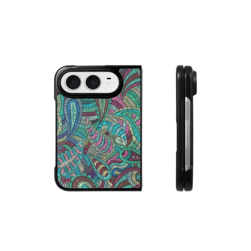 ChicCase Lab oil painting totem hard phone case for iPhone Duo, leather-like artistic pattern shockproof protective cover with optional wrist strap, 3 color options, foldable phone case