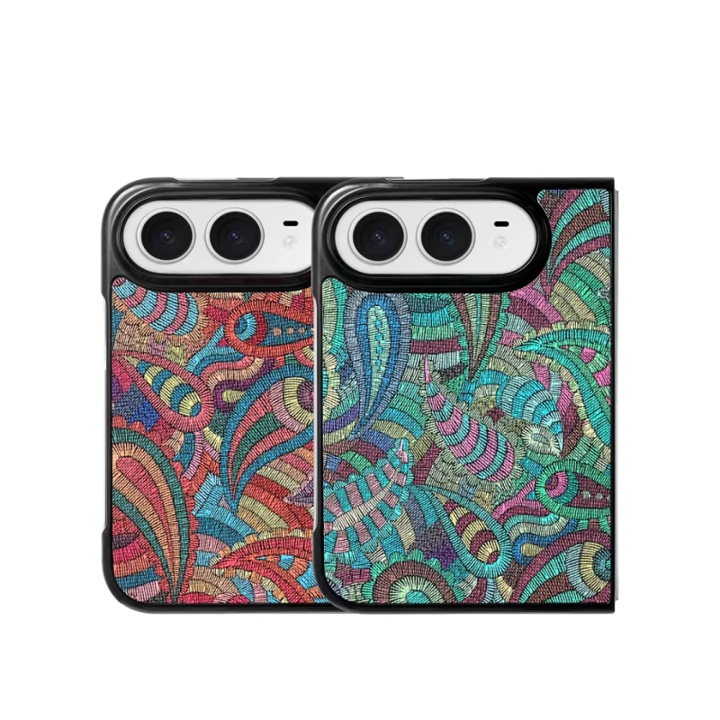 ChicCase Lab oil painting totem hard phone case for iPhone Duo, leather-like artistic pattern shockproof protective cover with optional wrist strap, 3 color options, foldable phone case