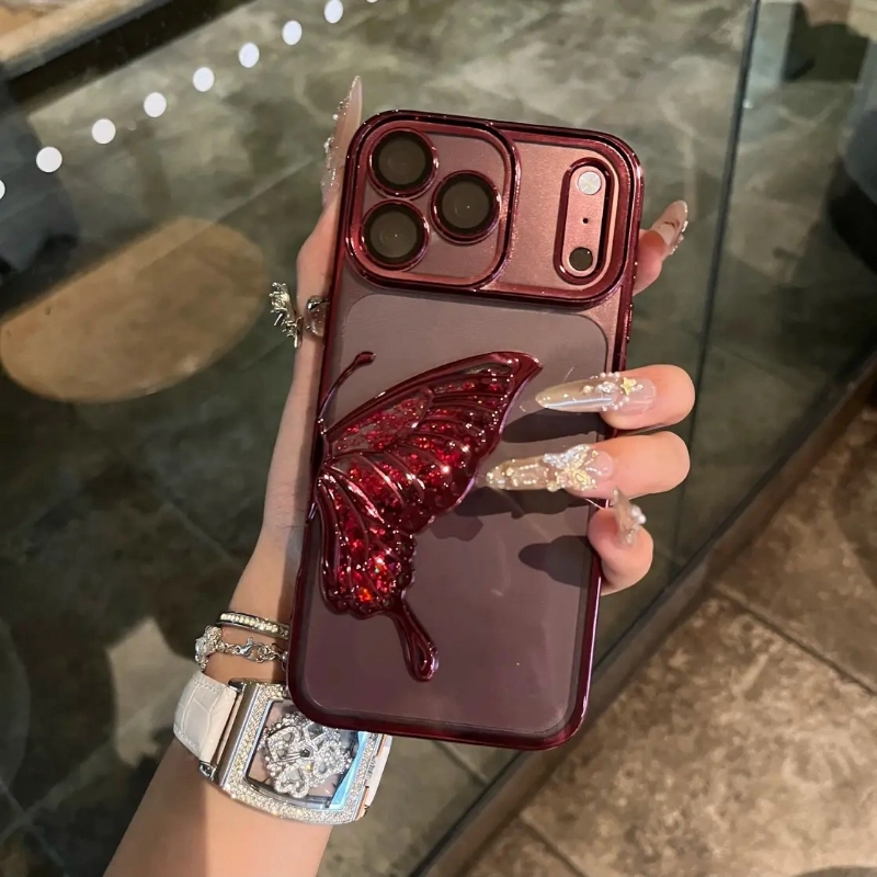 ChicCase Lab burgundy quicksand butterfly iPhone phone case, 3D liquid glitter butterfly decoration, electroplated frame with built-in lens protector, clear TPU shockproof cover with optional glitter paper, elegant women's protective phone case for iPhone