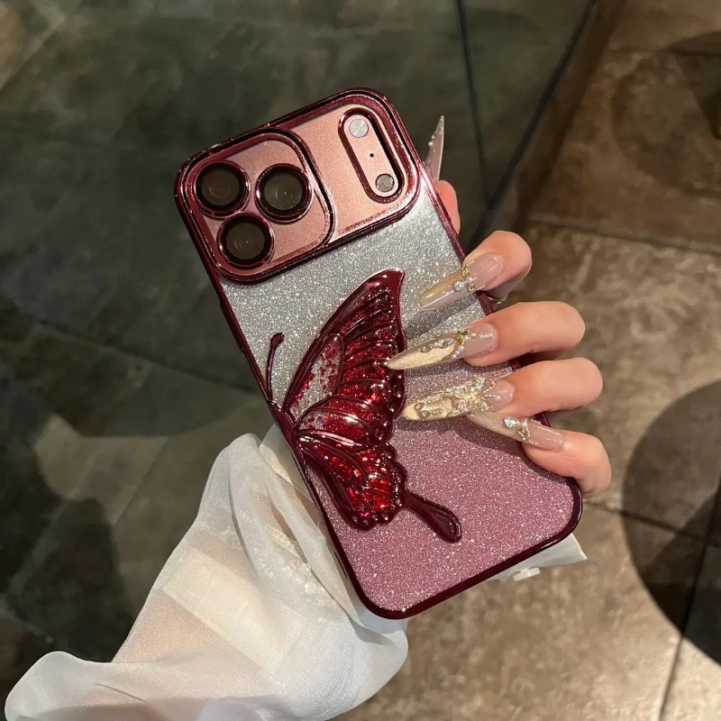 ChicCase Lab burgundy quicksand butterfly iPhone phone case, 3D liquid glitter butterfly decoration, electroplated frame with built-in lens protector, clear TPU shockproof cover with optional glitter paper, elegant women's protective phone case for iPhone