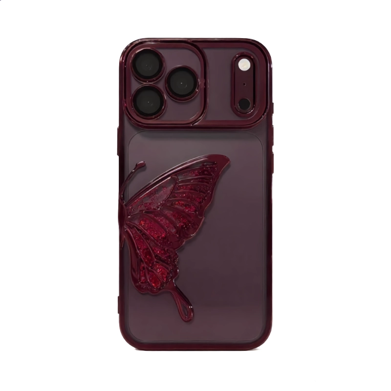 ChicCase Lab burgundy quicksand butterfly iPhone phone case, 3D liquid glitter butterfly decoration, electroplated frame with built-in lens protector, clear TPU shockproof cover with optional glitter paper, elegant women's protective phone case for iPhone