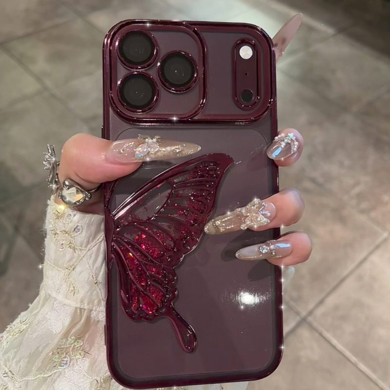 ChicCase Lab burgundy quicksand butterfly iPhone phone case, 3D liquid glitter butterfly decoration, electroplated frame with built-in lens protector, clear TPU shockproof cover with optional glitter paper, elegant women's protective phone case for iPhone
