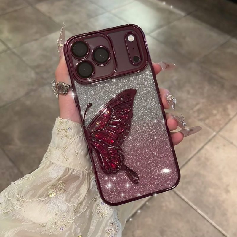 ChicCase Lab burgundy quicksand butterfly iPhone phone case, 3D liquid glitter butterfly decoration, electroplated frame with built-in lens protector, clear TPU shockproof cover with optional glitter paper, elegant women's protective phone case for iPhone