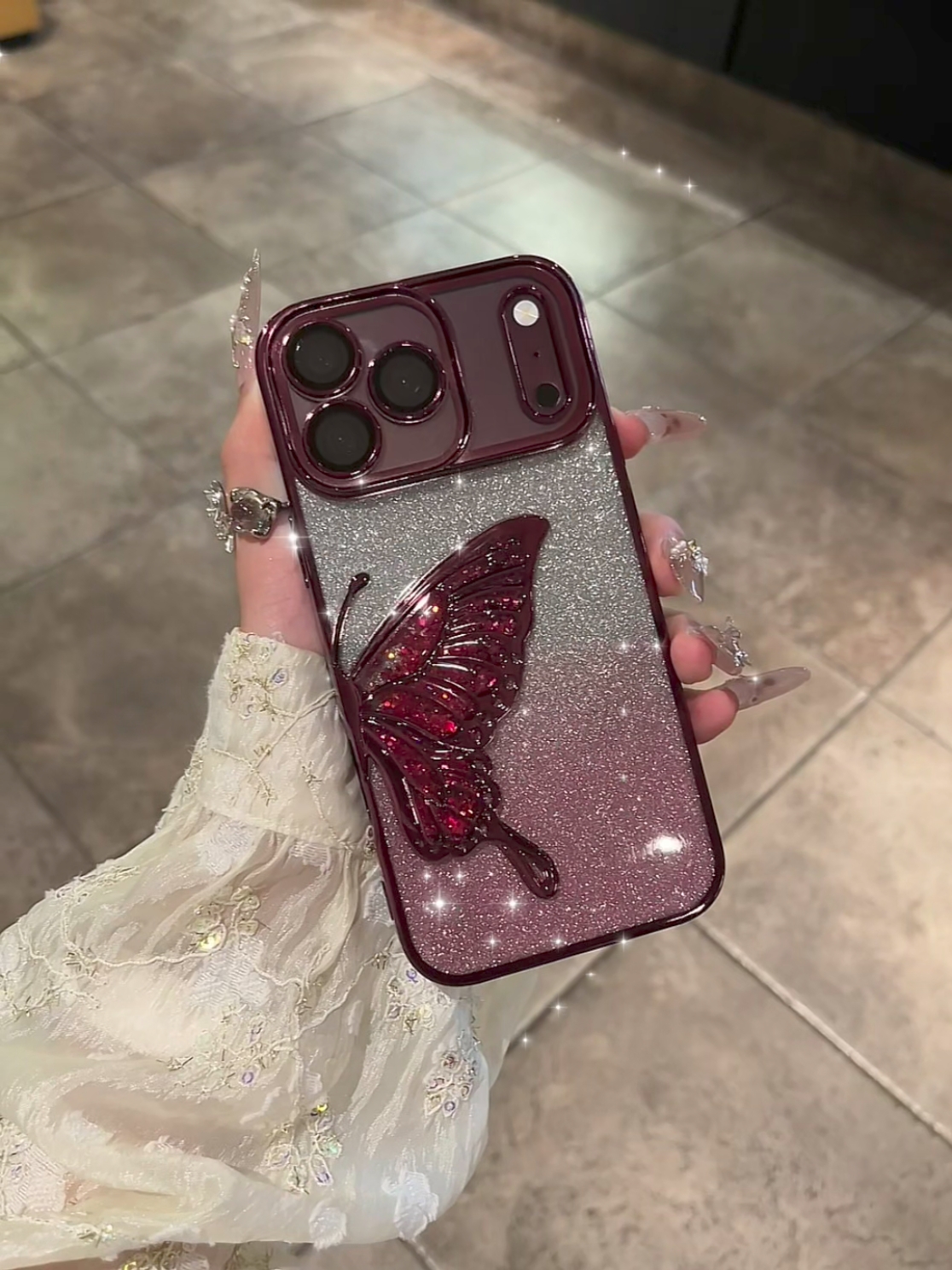 ChicCase Lab burgundy quicksand butterfly iPhone phone case, 3D liquid glitter butterfly decoration, electroplated frame with built-in lens protector, clear TPU shockproof cover with optional glitter paper, elegant women's protective phone case for iPhone