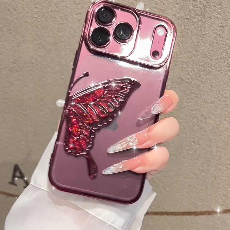 ChicCase Lab burgundy quicksand butterfly iPhone phone case, 3D liquid glitter butterfly decoration, electroplated frame with built-in lens protector, clear TPU shockproof cover with optional glitter paper, elegant women's protective phone case for iPhone