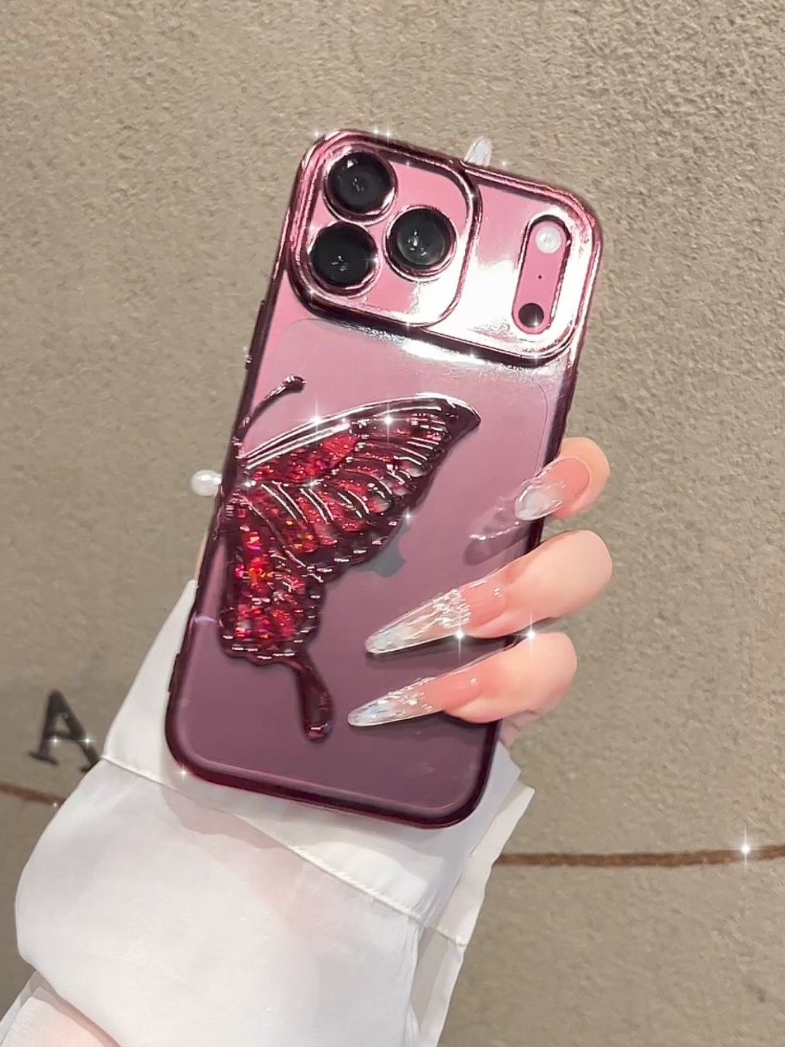 ChicCase Lab burgundy quicksand butterfly iPhone phone case, 3D liquid glitter butterfly decoration, electroplated frame with built-in lens protector, clear TPU shockproof cover with optional glitter paper, elegant women's protective phone case for iPhone