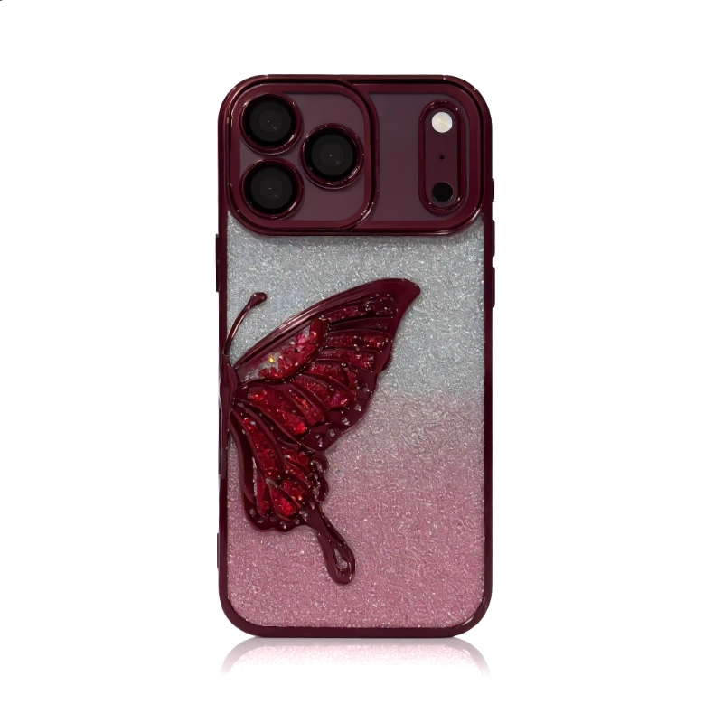 ChicCase Lab burgundy quicksand butterfly iPhone phone case, 3D liquid glitter butterfly decoration, electroplated frame with built-in lens protector, clear TPU shockproof cover with optional glitter paper, elegant women's protective phone case for iPhone