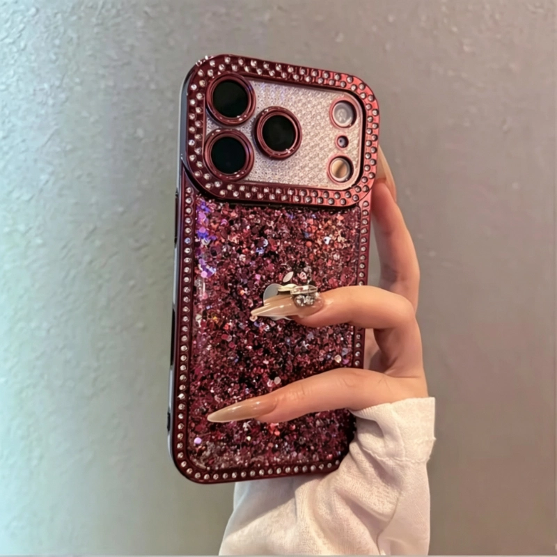 ChicCase Lab burgundy rhinestone glitter luxury iPhone phone case, sparkly sequin back panel, diamond encrusted frame and camera bezel, full lens protection shockproof soft TPU cover, glamorous women's aesthetic phone case for iPhone