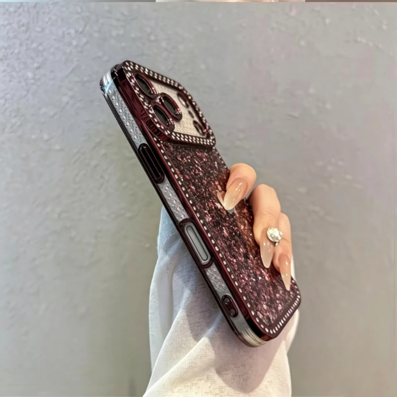 ChicCase Lab burgundy rhinestone glitter luxury iPhone phone case, sparkly sequin back panel, diamond encrusted frame and camera bezel, full lens protection shockproof soft TPU cover, glamorous women's aesthetic phone case for iPhone