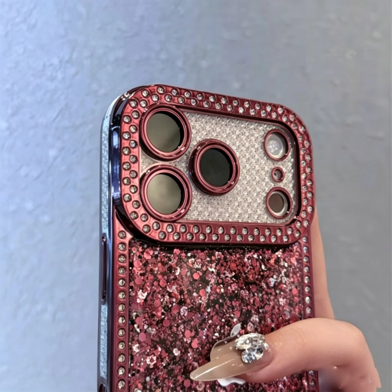 ChicCase Lab burgundy rhinestone glitter luxury iPhone phone case, sparkly sequin back panel, diamond encrusted frame and camera bezel, full lens protection shockproof soft TPU cover, glamorous women's aesthetic phone case for iPhone
