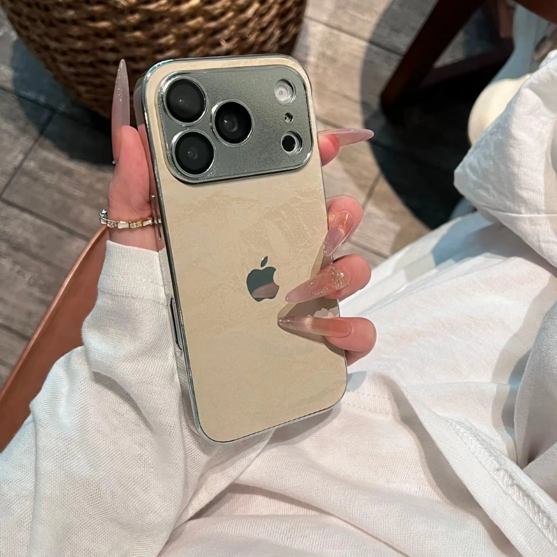 ChicCase Lab skin-feel snow grain iPhone phone case, matte textured back panel, shiny electroplated silver edge, built-in integrated full camera lens protection, soft TPU shockproof protective cover, aesthetic minimalist autumn winter phone case for iPhone