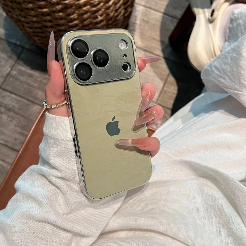 ChicCase Lab skin-feel snow grain iPhone phone case, matte textured back panel, shiny electroplated silver edge, built-in integrated full camera lens protection, soft TPU shockproof protective cover, aesthetic minimalist autumn winter phone case for iPhone