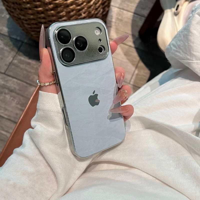 ChicCase Lab skin-feel snow grain iPhone phone case, matte textured back panel, shiny electroplated silver edge, built-in integrated full camera lens protection, soft TPU shockproof protective cover, aesthetic minimalist autumn winter phone case for iPhone