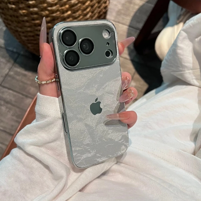 ChicCase Lab skin-feel snow grain iPhone phone case, matte textured back panel, shiny electroplated silver edge, built-in integrated full camera lens protection, soft TPU shockproof protective cover, aesthetic minimalist autumn winter phone case for iPhone