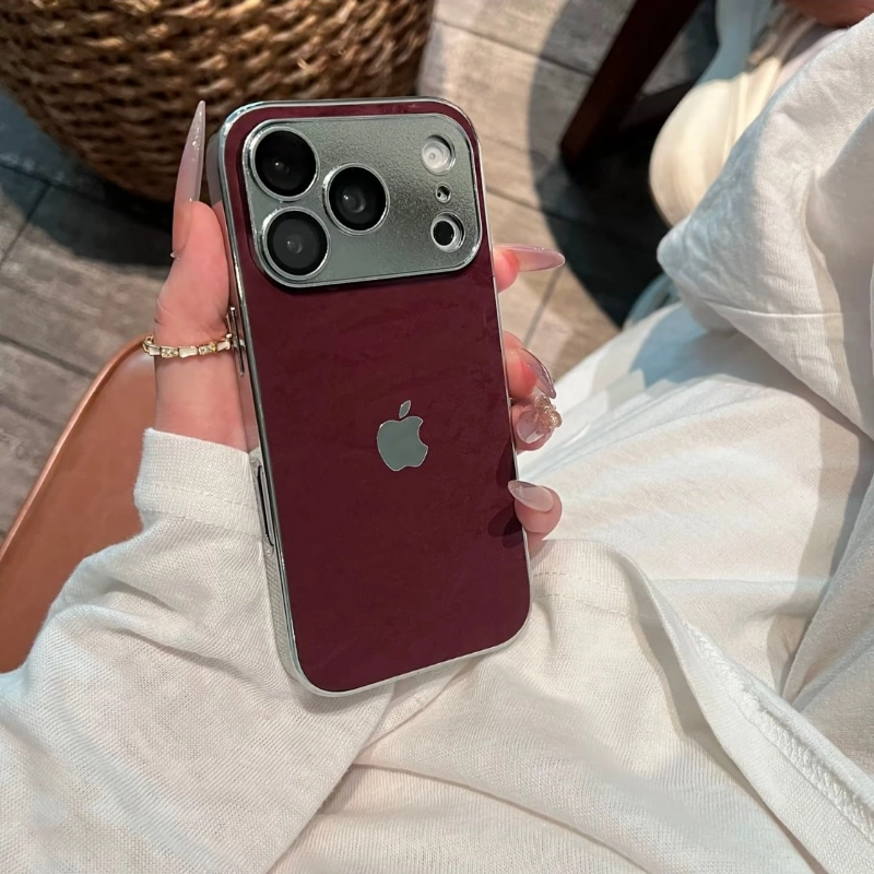 ChicCase Lab skin-feel snow grain iPhone phone case, matte textured back panel, shiny electroplated silver edge, built-in integrated full camera lens protection, soft TPU shockproof protective cover, aesthetic minimalist autumn winter phone case for iPhone