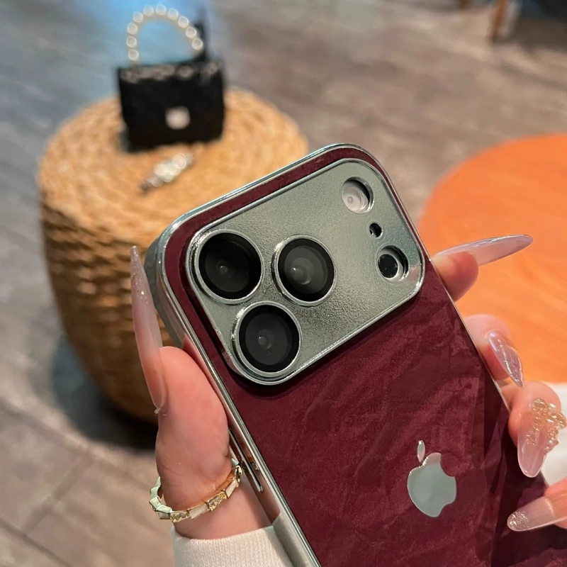 ChicCase Lab skin-feel snow grain iPhone phone case, matte textured back panel, shiny electroplated silver edge, built-in integrated full camera lens protection, soft TPU shockproof protective cover, aesthetic minimalist autumn winter phone case for iPhone