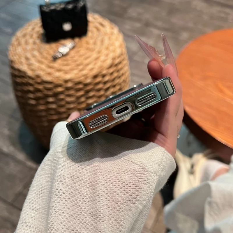 ChicCase Lab skin-feel snow grain iPhone phone case, matte textured back panel, shiny electroplated silver edge, built-in integrated full camera lens protection, soft TPU shockproof protective cover, aesthetic minimalist autumn winter phone case for iPhone