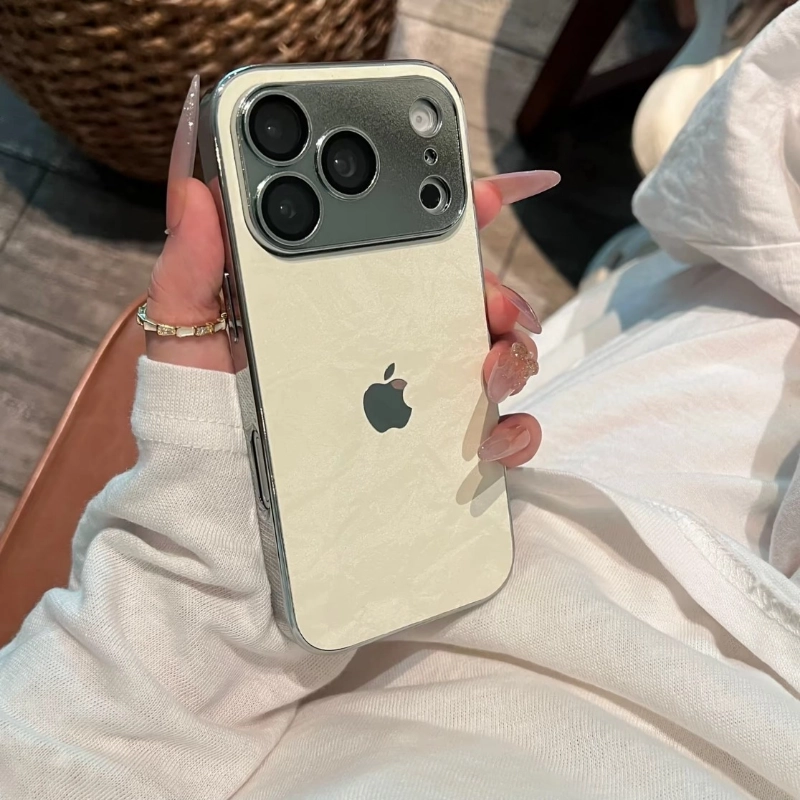 ChicCase Lab skin-feel snow grain iPhone phone case, matte textured back panel, shiny electroplated silver edge, built-in integrated full camera lens protection, soft TPU shockproof protective cover, aesthetic minimalist autumn winter phone case for iPhone