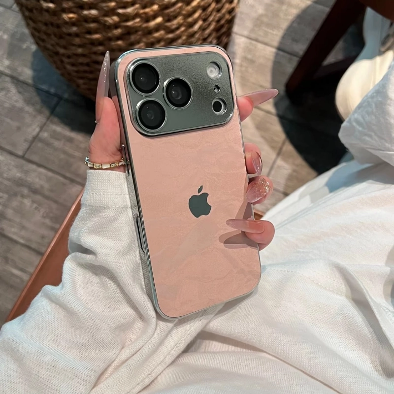 ChicCase Lab skin-feel snow grain iPhone phone case, matte textured back panel, shiny electroplated silver edge, built-in integrated full camera lens protection, soft TPU shockproof protective cover, aesthetic minimalist autumn winter phone case for iPhone